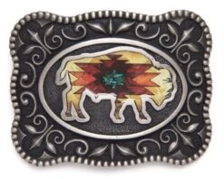 Hebilla Silueta Bisonte Colores Cálidos Con Mosaico Mexicano