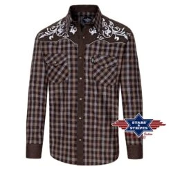 Camisa Vaquera Marrón A Cuadros Canesú Aterciopelado Con Bordado Floral Blanco Para Hombre -Oeste Vaqueros Tienda Morgan hellbraun 1 web