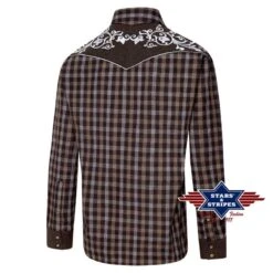 Camisa Vaquera Marrón A Cuadros Canesú Aterciopelado Con Bordado Floral Blanco Para Hombre -Oeste Vaqueros Tienda Morgan hellbraun 2 web