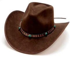 Sombrero Cowboy Estilo Outback Marrón Con Cinta De Cuero Adornada Con Piedras Turquesas