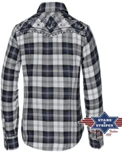 Camisa Cowgirl A Cuadros Azules Y Blancos Talle Ajustado Con Bordado Indio Americano