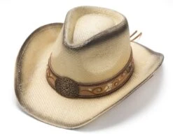Sombrero Cowgirl Paja Rígida Natural Para Mujer Con Dibujo Floral Cosido Y Grabado En Cuero -Oeste Vaqueros Tienda Paola
