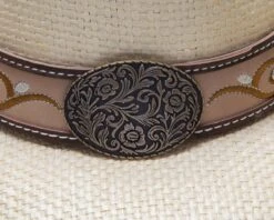 Sombrero Cowgirl Paja Rígida Natural Para Mujer Con Dibujo Floral Cosido Y Grabado En Cuero -Oeste Vaqueros Tienda Paola 4