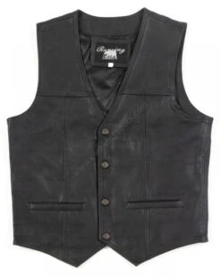 Chaleco Para Hombre De Cuero Negro Abotonado Estilo Motorista