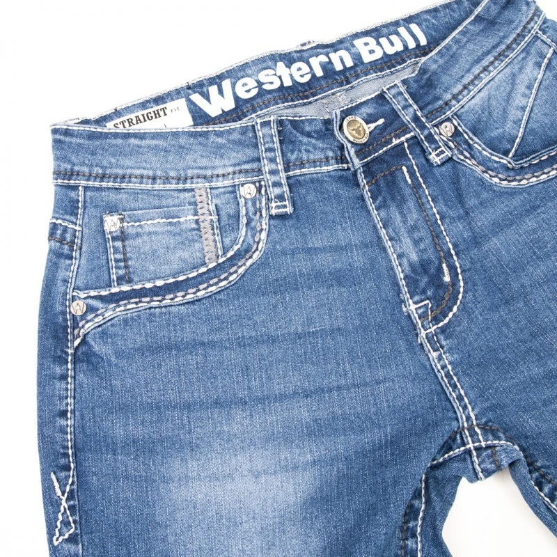 Pantalón Denim Cowboy Azul Tipo Bot-cut Con Bordado Flor De Lis Trenzada En Bolsillos Traseros 2 Pantalón Denim Cowboy Azul Tipo Bot-cut Con Bordado Flor De Lis Trenzada En Bolsillos Traseros - Imagen 2