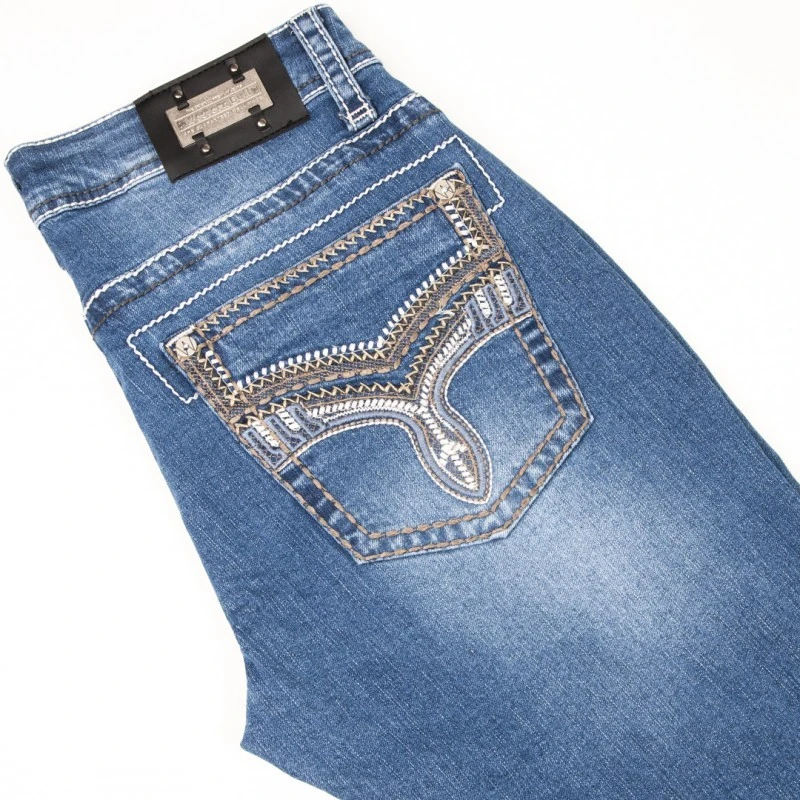 Pantalón Denim Cowboy Azul Tipo Bot-cut Con Bordado Flor De Lis Trenzada En Bolsillos Traseros