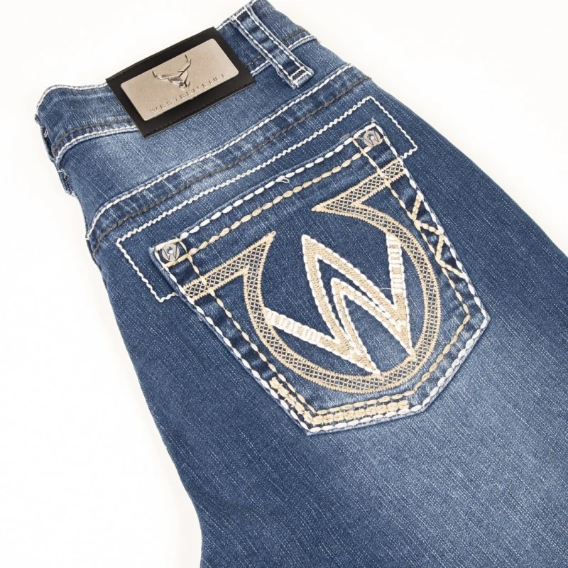 Pantalón Vaquero Western Bull Para Hombre Con Bordados Punta Flor De Lis En Bolsillos Traseros